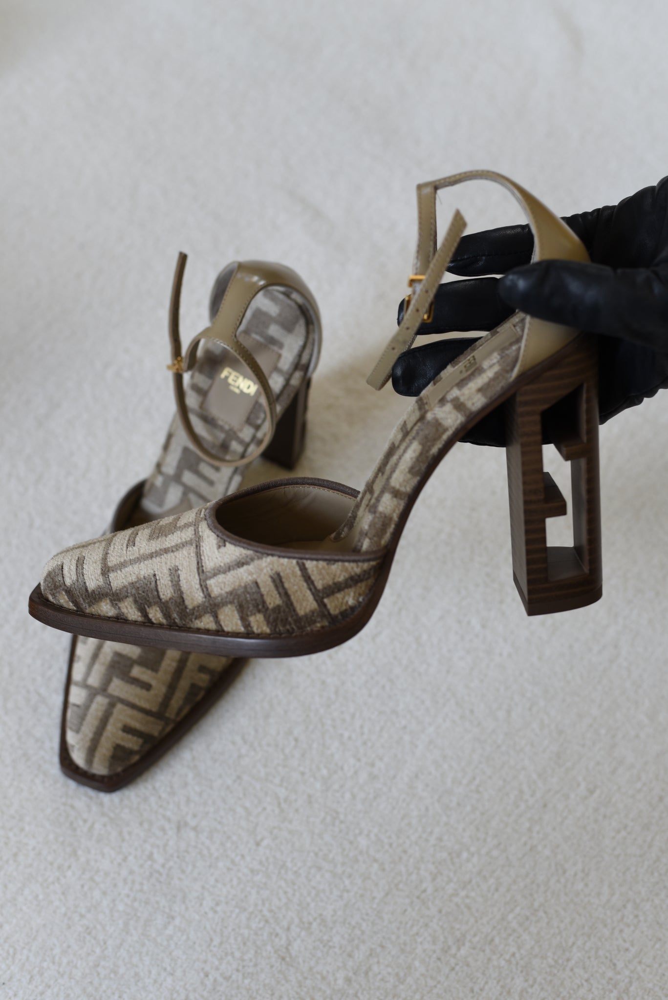 Fendi Chenille Jacquard FF Cut Baguette Ankle Strap Pumps AGN x 13