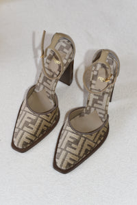 Fendi Chenille Jacquard FF Cut Baguette Ankle Strap Pumps