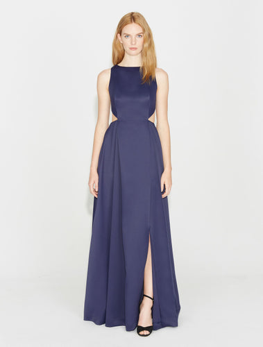 Halston Heritage Satin Faille Gown with Cut Outs in NAVY