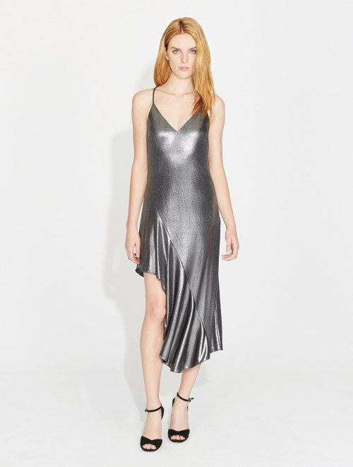 Halston Heritage Asymmetric Metallic Jersey Dress in Steel Halston Heritage Asymmetric Metallic Jersey Dress in Steel
