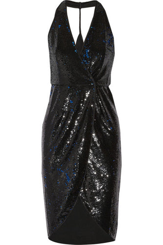 Halston Heritage Satin-trimmed sequined wrap dress