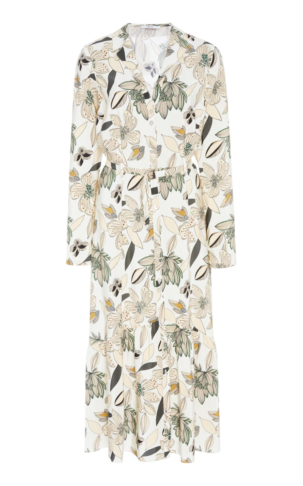 BECKEN Ruffled Floral Silk Midi Dress Ivory Print
