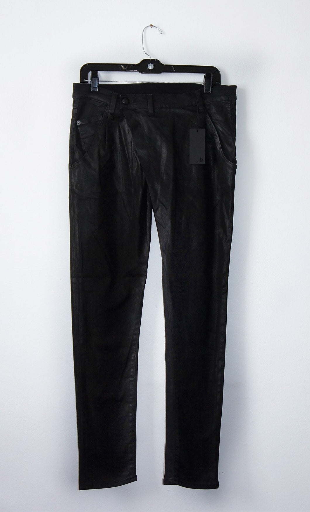 R13 x-over waxed black pants
