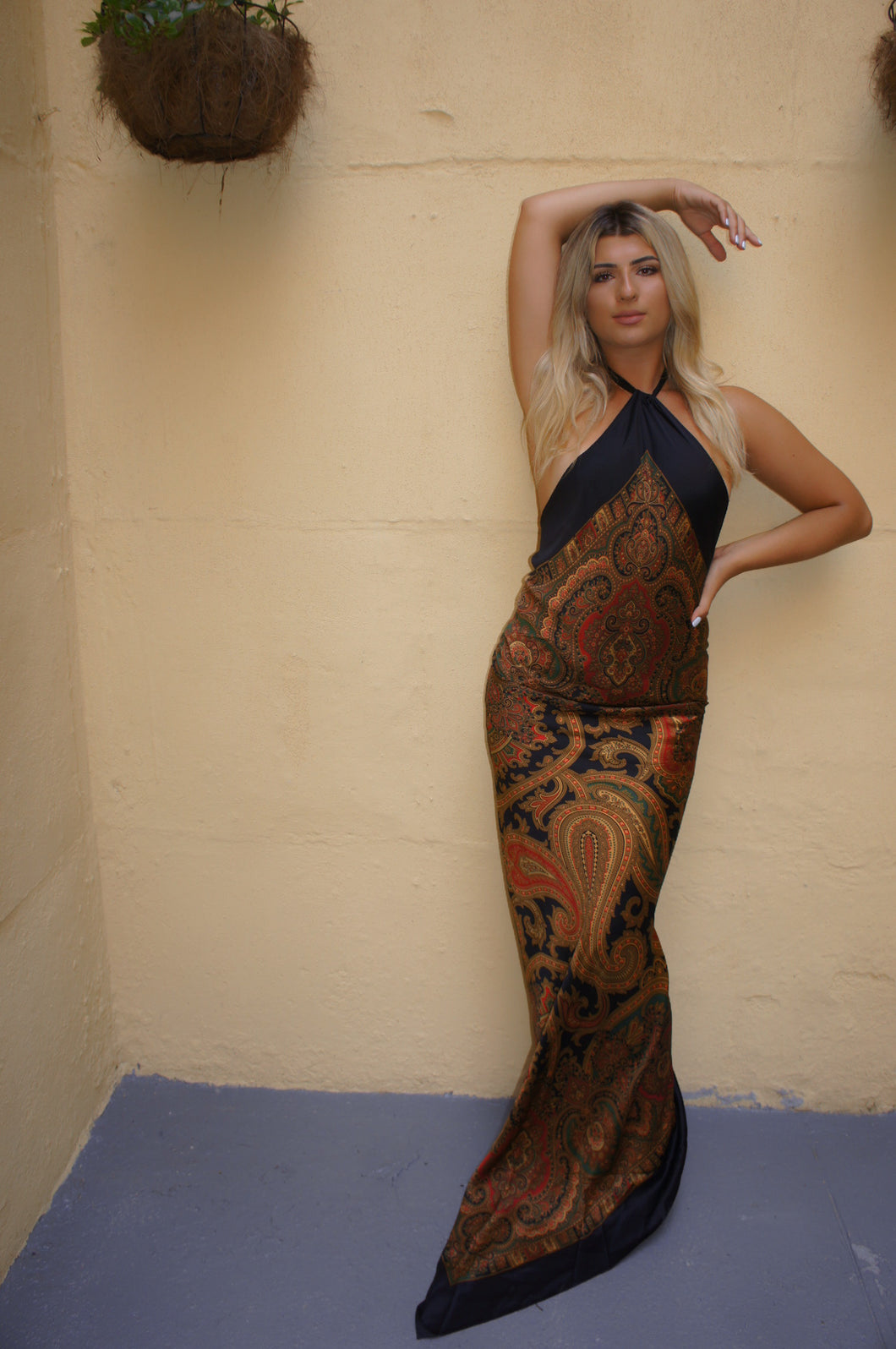 Floor length halter dress by Lavan