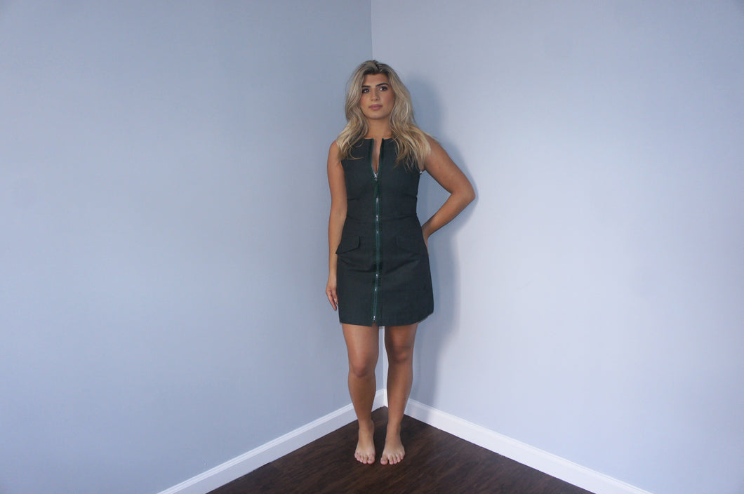 Svilu forest green zip-up dress