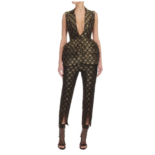 Alexander McQueen Women's Metallic Black and Gold Honeycomb Jacquard Slit Front Trousers size 42
